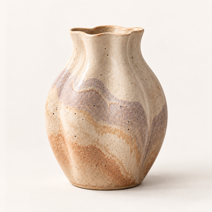 Trustyerar Warm Beige Wavy-Rim Tabletop Vase – Textured Earth-Tone Decorative Home Accent