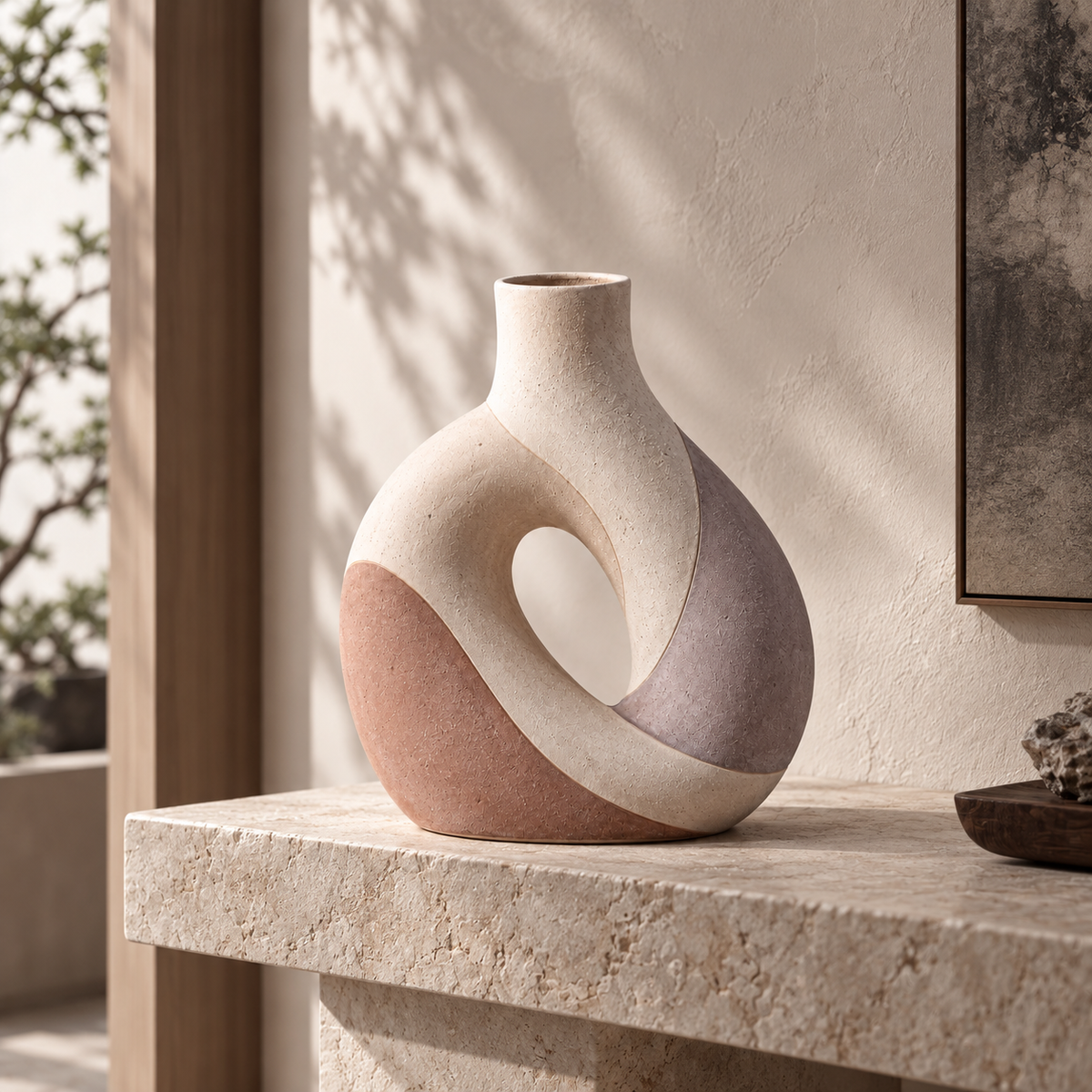 Trustyerar Warm Ivory Open-Center Sculptural Vase – Modern Decorative Tabletop Accent