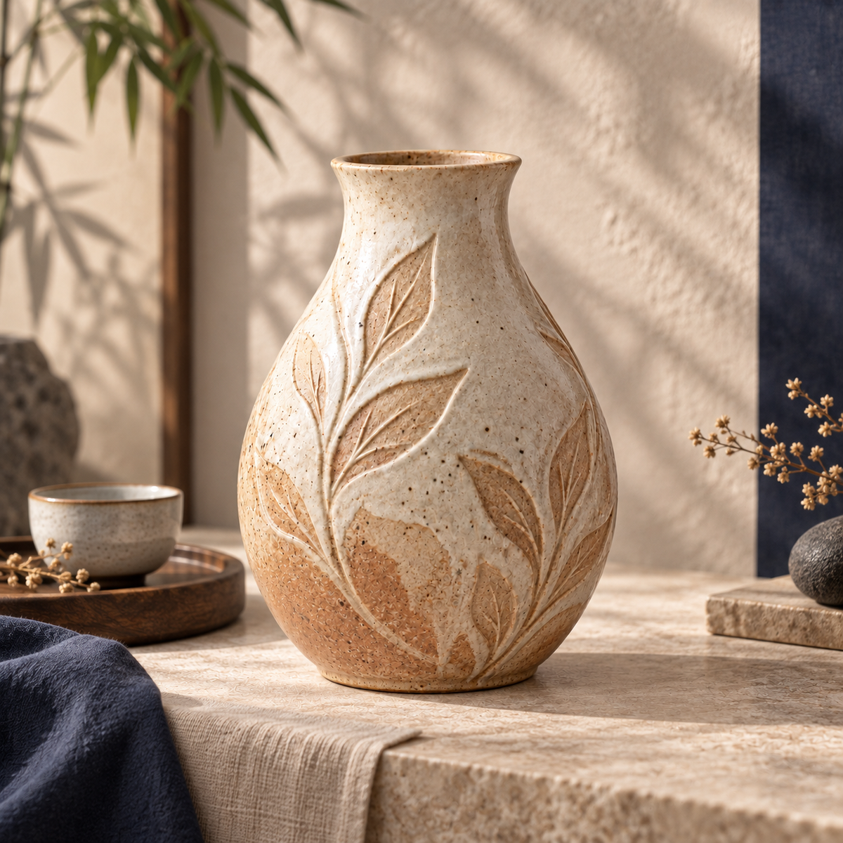 Trustyerar Warm Beige Leaf-Relief Tabletop Vase – Rounded Botanical Decorative Home Accent