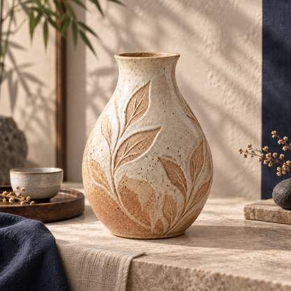 Trustyerar Warm Beige Leaf-Relief Tabletop Vase – Rounded Botanical Decorative Home Accent