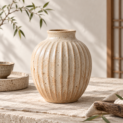 Trustyerar Warm Beige Ribbed Tabletop Vase – Rounded Textured Decorative Home Accent