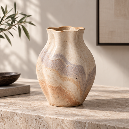 Trustyerar Warm Beige Wavy-Rim Tabletop Vase – Textured Earth-Tone Decorative Home Accent