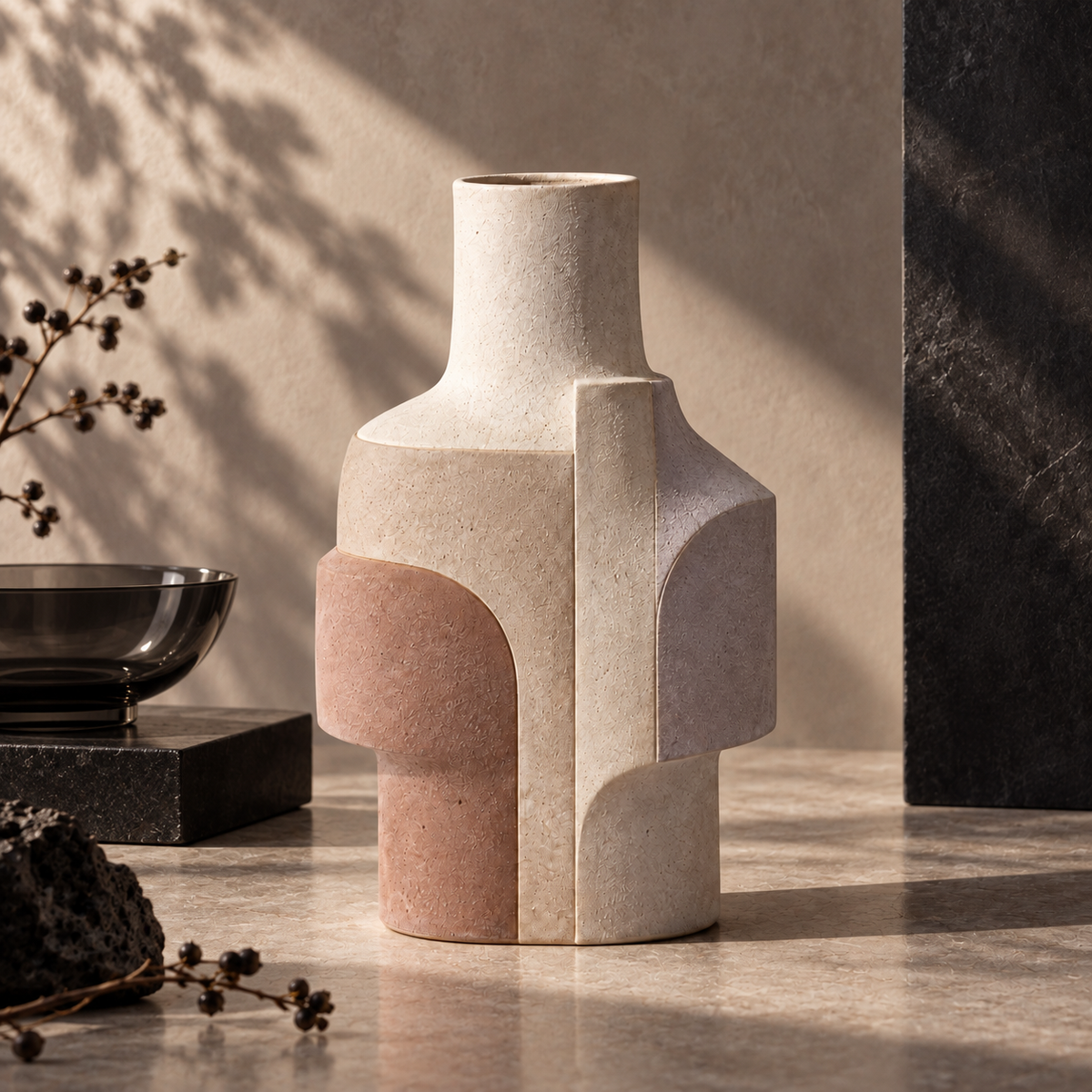 Trustyerar Warm Ivory Geometric Architectural Sculptural Vase – Modern Decorative Tabletop Accent
