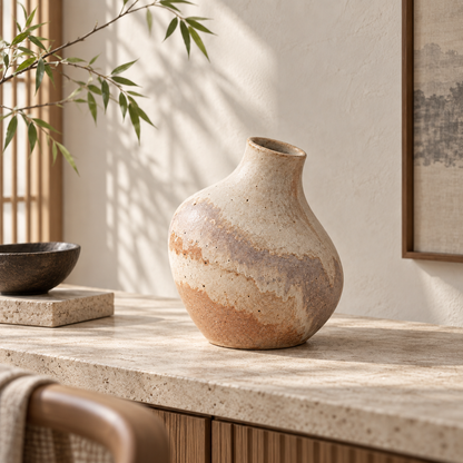 Trustyerar Warm Beige Speckled Tabletop Vase – Rounded Decorative Home Accent