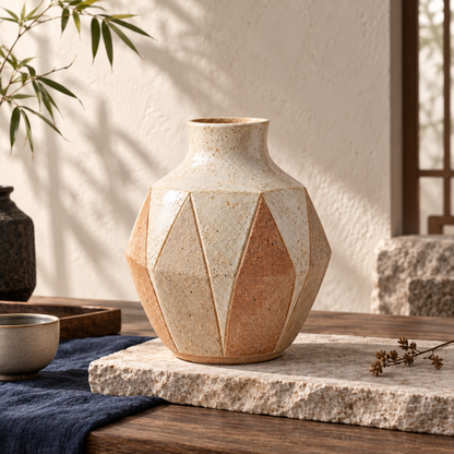 Trustyerar Warm Ivory Faceted Geometric Tabletop Vase – Earth-Tone Decorative Home Accent