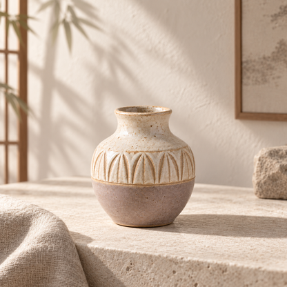 Trustyerar Warm Ivory Leaf-Relief Bud Vase – Compact Two-Tone Decorative Vase
