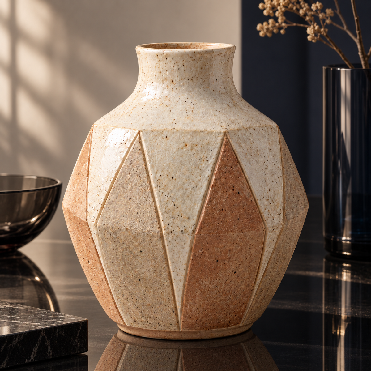 Trustyerar Warm Ivory Faceted Geometric Tabletop Vase – Earth-Tone Decorative Home Accent