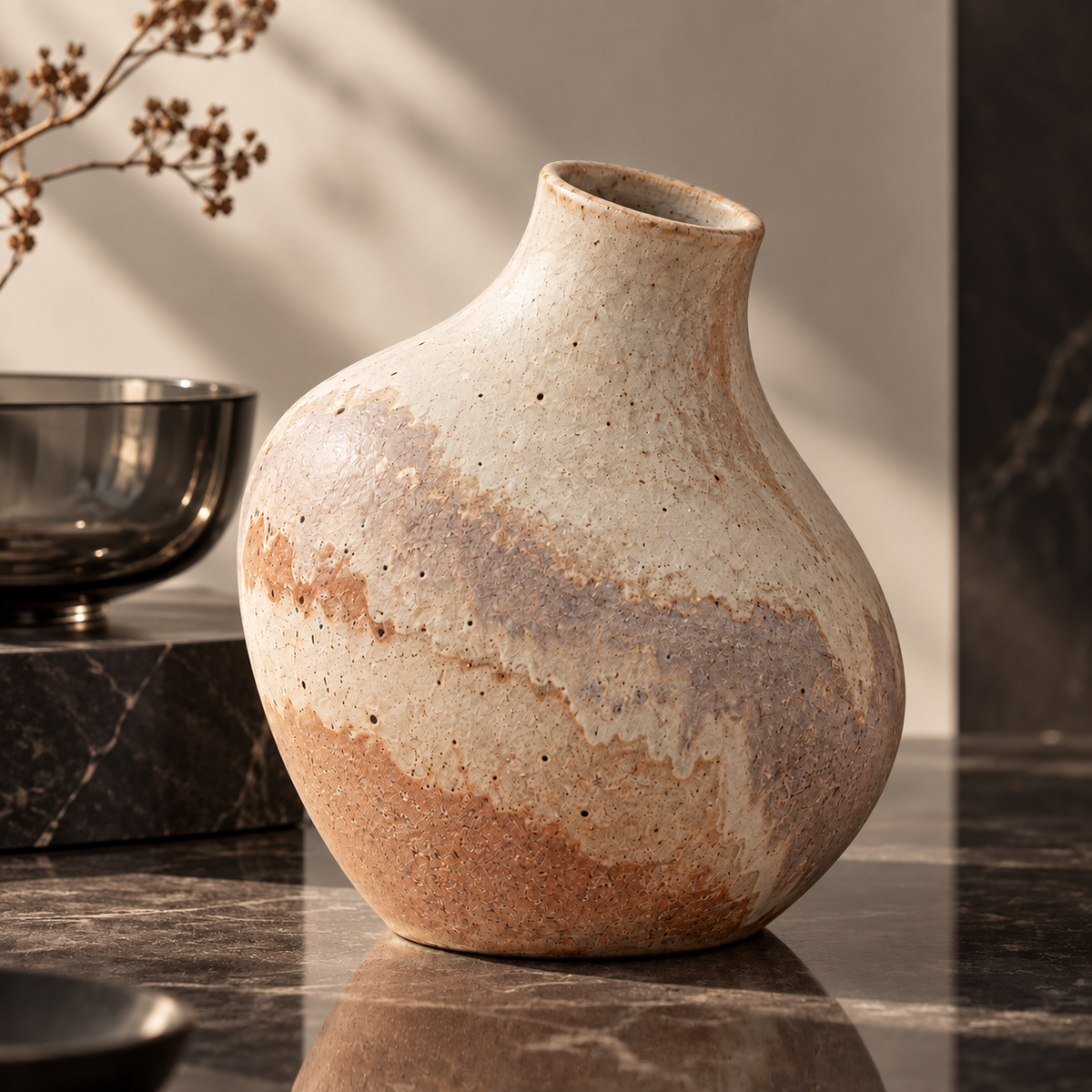 Trustyerar Warm Beige Speckled Tabletop Vase – Rounded Decorative Home Accent