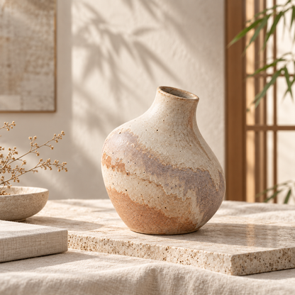 Trustyerar Warm Beige Speckled Tabletop Vase – Rounded Decorative Home Accent