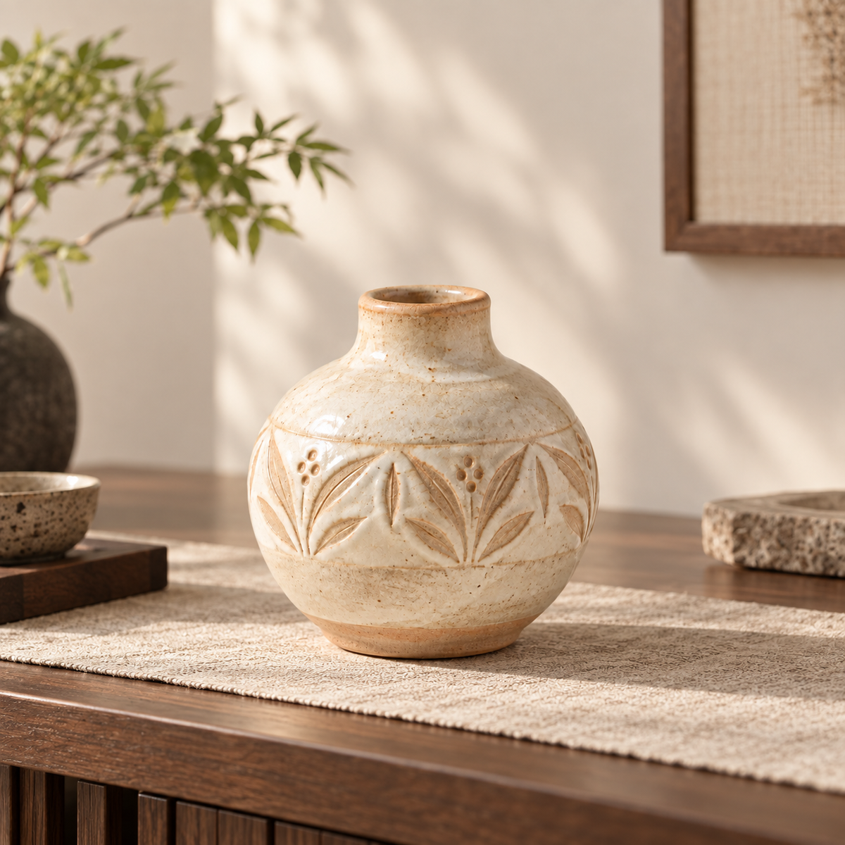 Trustyerar Warm Ivory Botanical-Band Bud Vase – Rounded Leaf-Pattern Decorative Accent