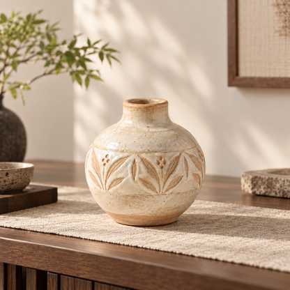 Trustyerar Warm Ivory Botanical-Band Bud Vase – Rounded Leaf-Pattern Decorative Accent