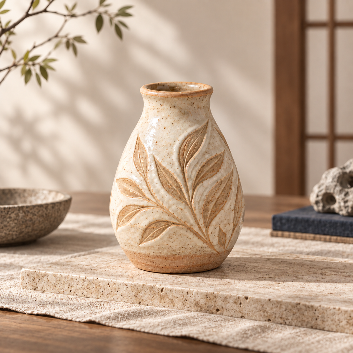 Trustyerar Warm Ivory Botanical Leaf Bud Vase – Compact Textured Decorative Vase