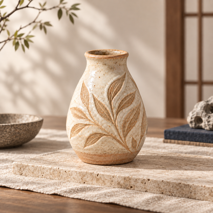 Trustyerar Warm Ivory Botanical Leaf Bud Vase – Compact Textured Decorative Vase
