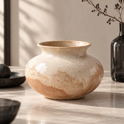 Trustyerar Warm Beige Wide-Rim Tabletop Vase – Rounded Earth-Tone Decorative Home Accent