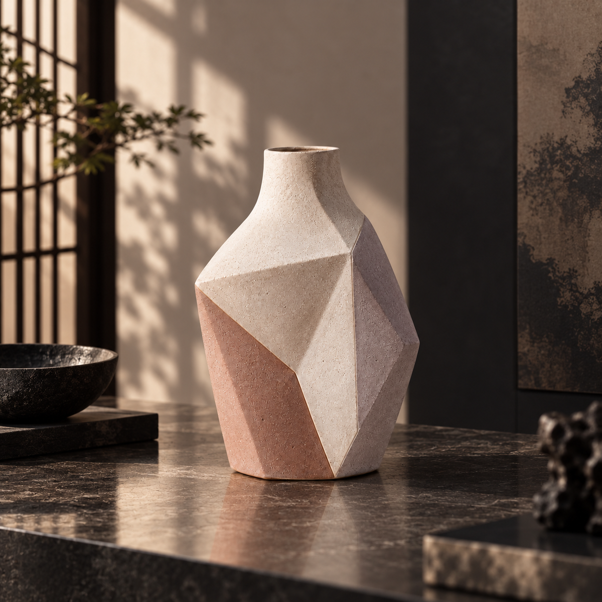 Trustyerar Warm Ivory Faceted Geometric Sculptural Vase – Modern Decorative Tabletop Accent