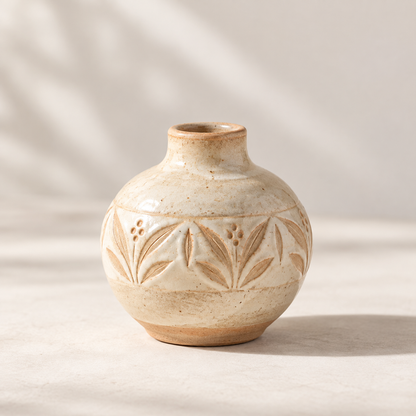 Trustyerar Warm Ivory Botanical-Band Bud Vase – Rounded Leaf-Pattern Decorative Accent
