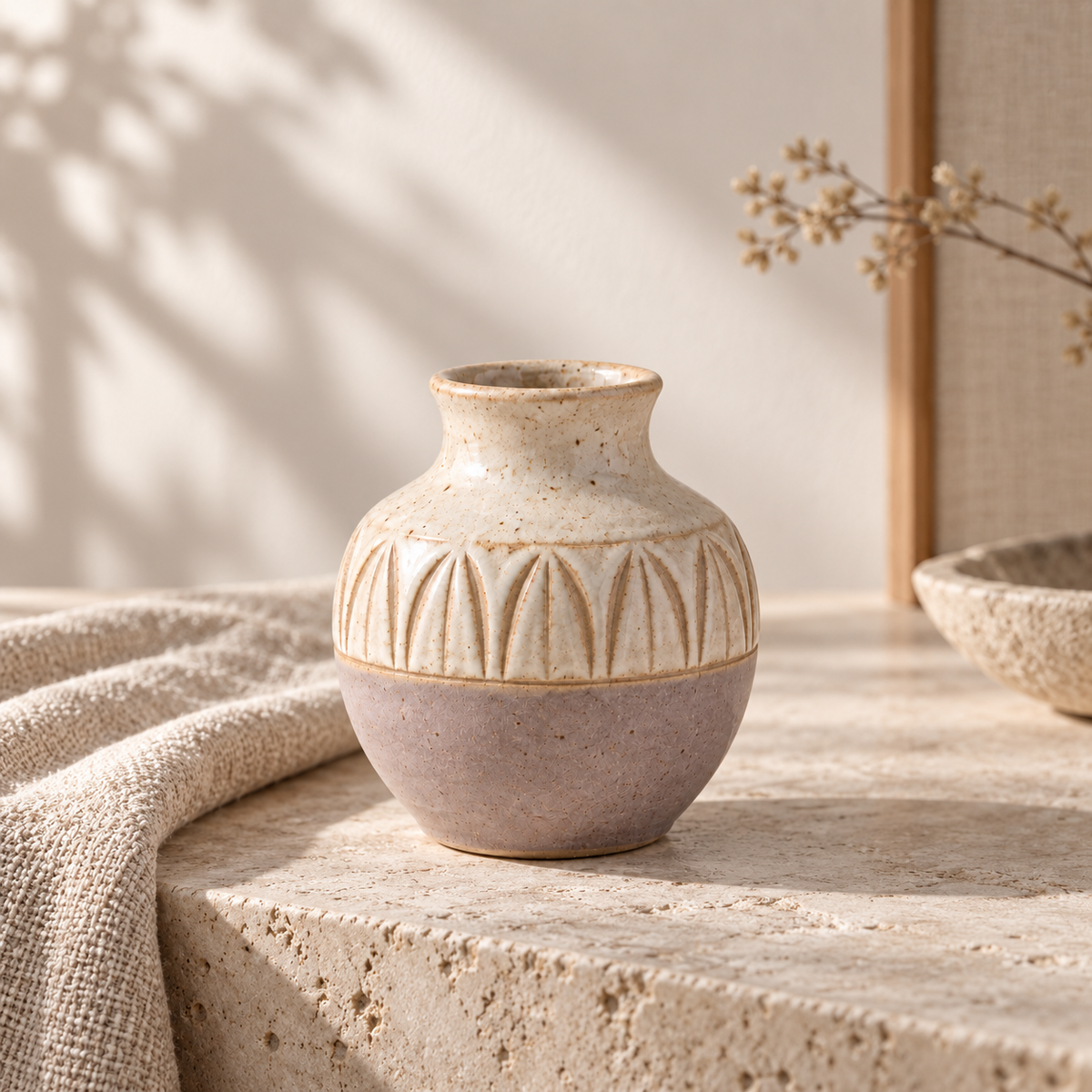 Trustyerar Warm Ivory Leaf-Relief Bud Vase – Compact Two-Tone Decorative Vase