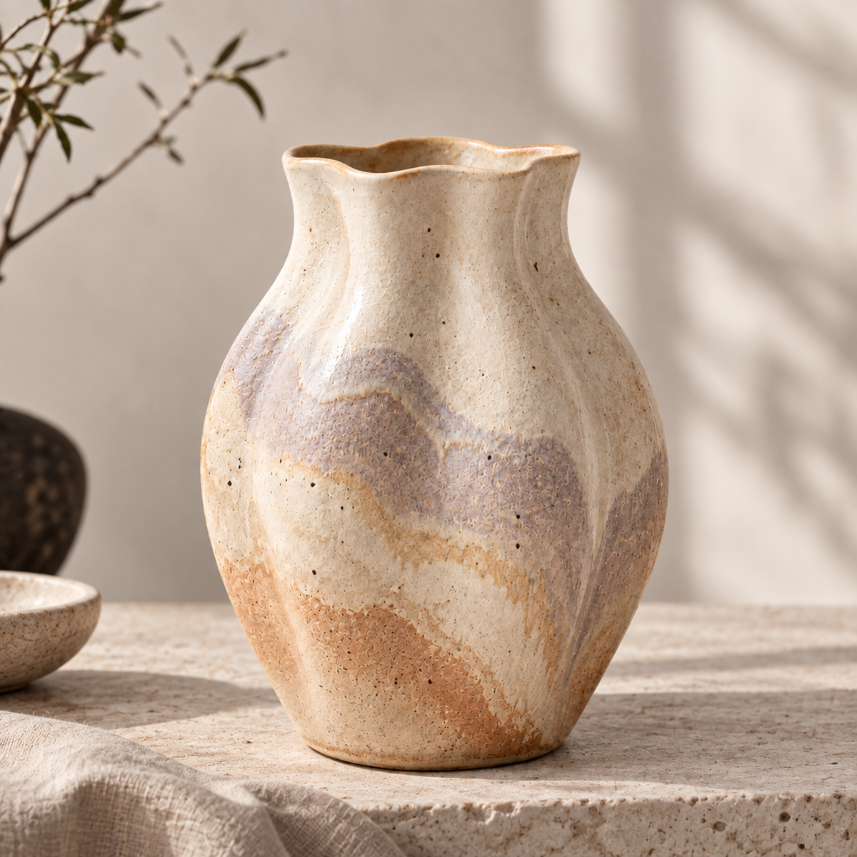 Trustyerar Warm Beige Wavy-Rim Tabletop Vase – Textured Earth-Tone Decorative Home Accent