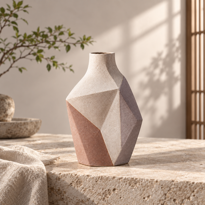 Trustyerar Warm Ivory Faceted Geometric Sculptural Vase – Modern Decorative Tabletop Accent