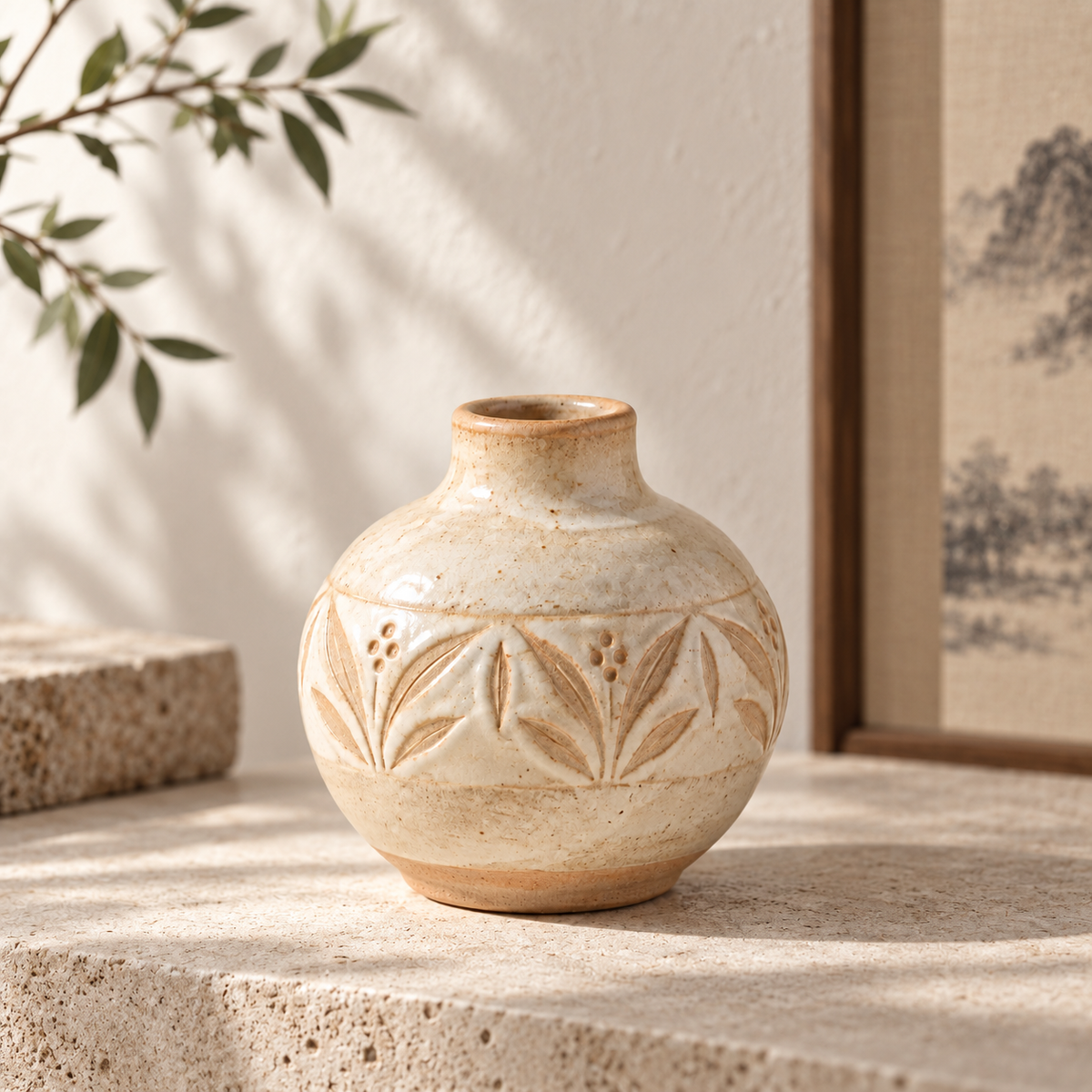 Trustyerar Warm Ivory Botanical-Band Bud Vase – Rounded Leaf-Pattern Decorative Accent