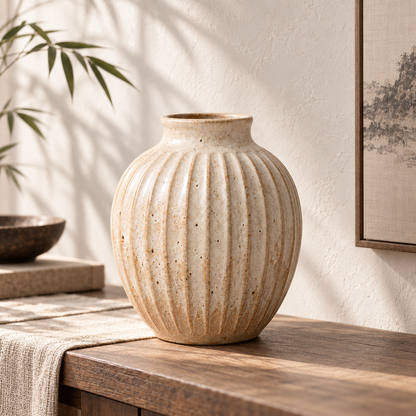Trustyerar Warm Beige Ribbed Tabletop Vase – Rounded Textured Decorative Home Accent