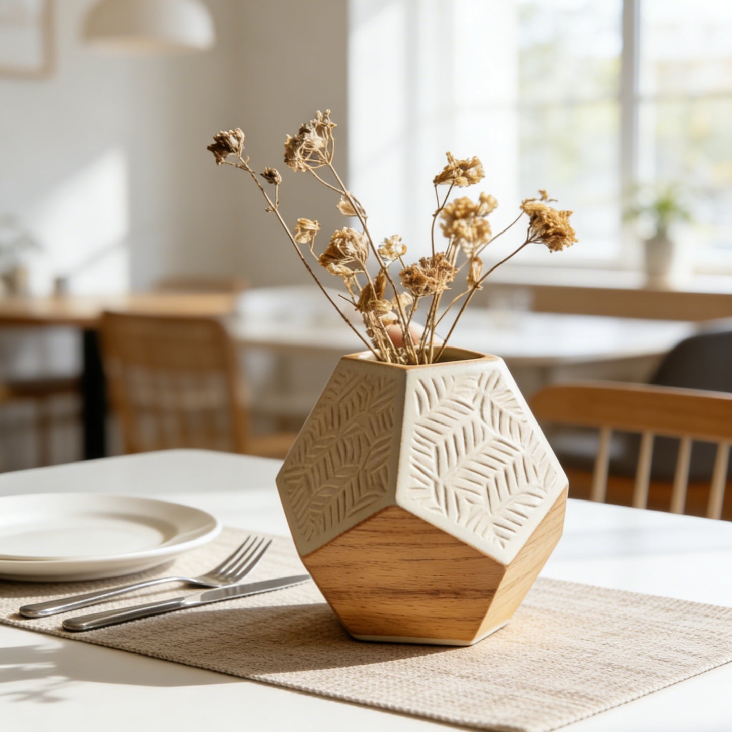 Wood & Ceramic Geometric Dried Flower Vase - Hand-Carved Herringbone Pattern Planter