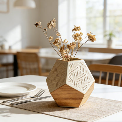 Wood & Ceramic Geometric Dried Flower Vase - Hand-Carved Herringbone Pattern Planter