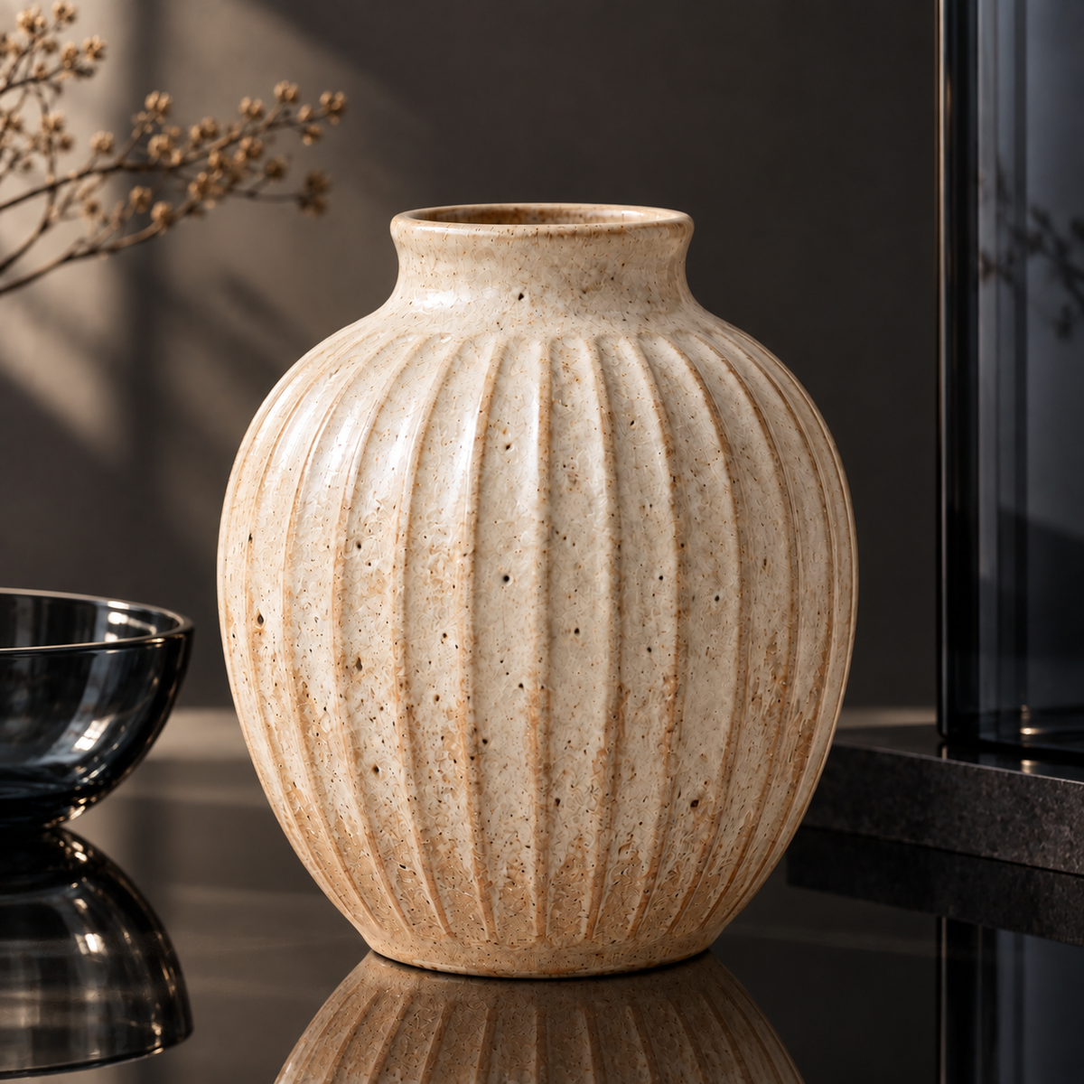 Trustyerar Warm Beige Ribbed Tabletop Vase – Rounded Textured Decorative Home Accent