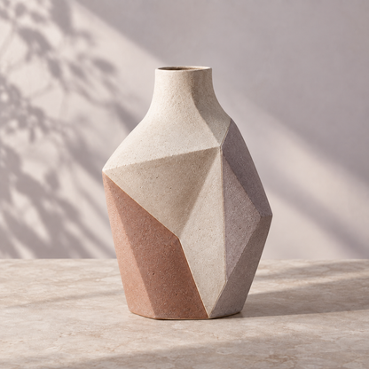 Trustyerar Warm Ivory Faceted Geometric Sculptural Vase – Modern Decorative Tabletop Accent
