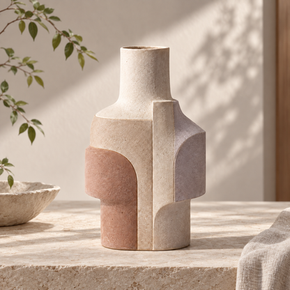 Trustyerar Warm Ivory Geometric Architectural Sculptural Vase – Modern Decorative Tabletop Accent