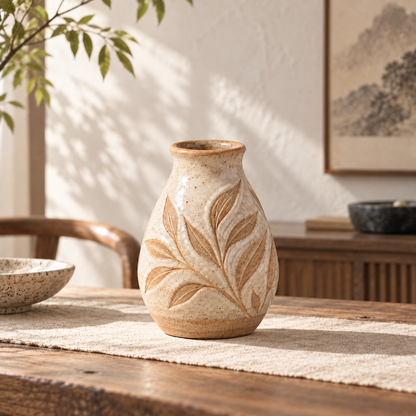 Trustyerar Warm Ivory Botanical Leaf Bud Vase – Compact Textured Decorative Vase