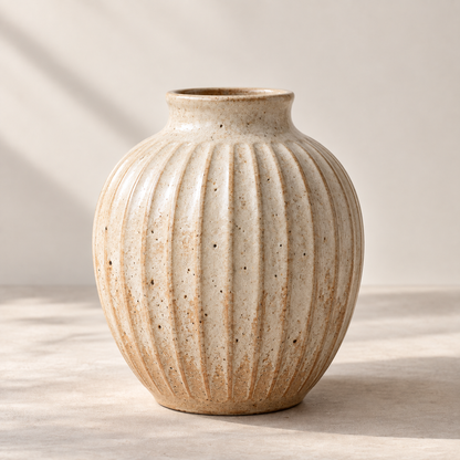 Trustyerar Warm Beige Ribbed Tabletop Vase – Rounded Textured Decorative Home Accent