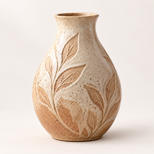Trustyerar Warm Beige Leaf-Relief Tabletop Vase – Rounded Botanical Decorative Home Accent