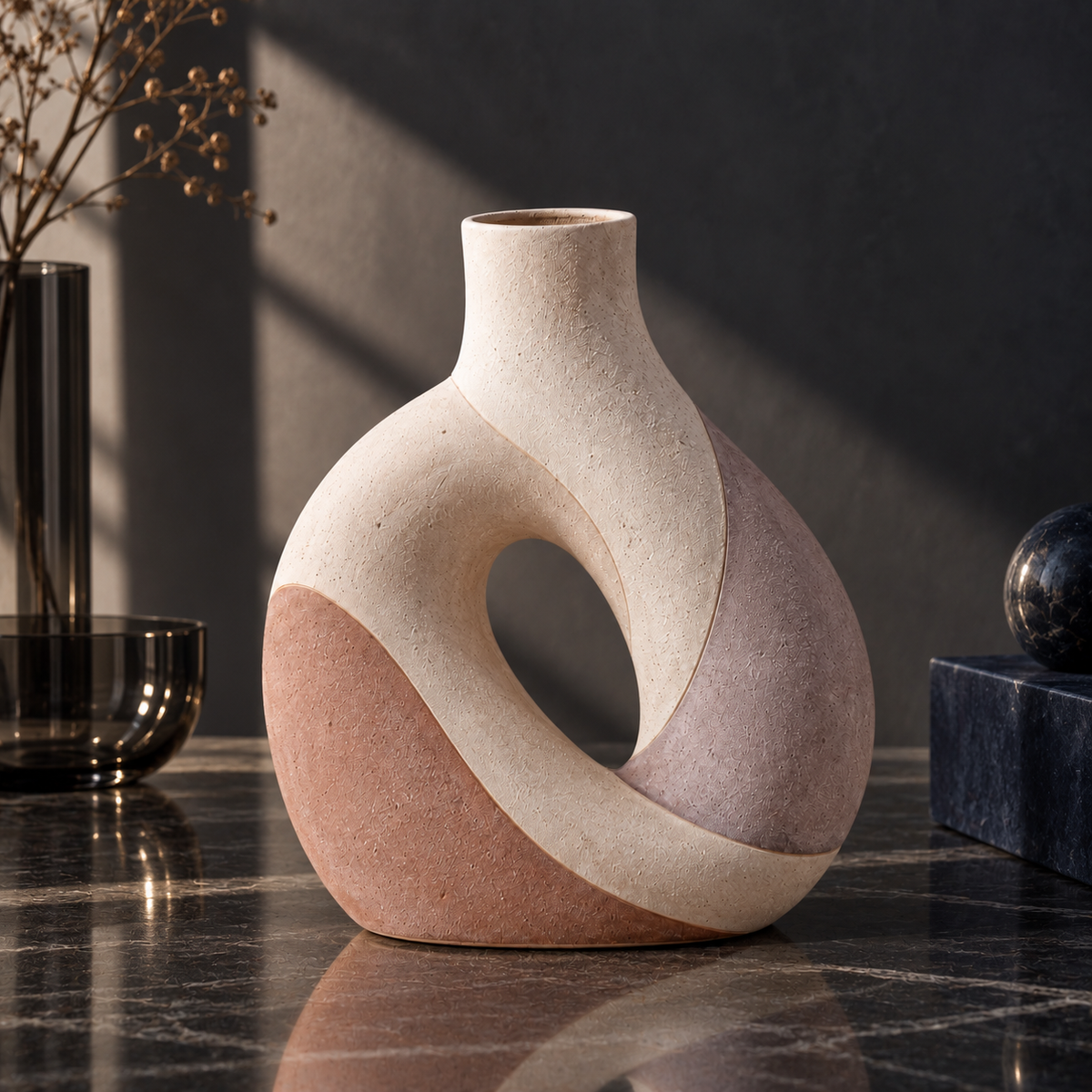 Trustyerar Warm Ivory Open-Center Sculptural Vase – Modern Decorative Tabletop Accent