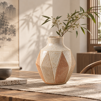 Trustyerar Warm Ivory Faceted Geometric Tabletop Vase – Earth-Tone Decorative Home Accent