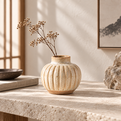 Trustyerar Warm Ivory Ribbed Bud Vase – Compact Rounded Decorative Vase