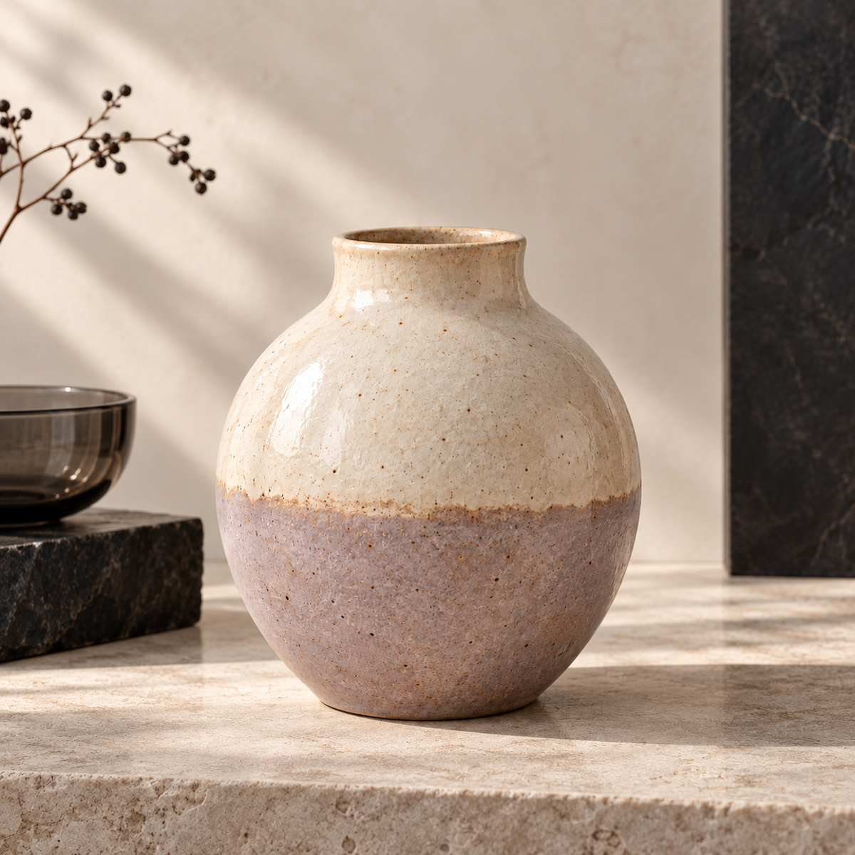 Trustyerar Warm Ivory and Soft Taupe Two-Tone Tabletop Vase – Rounded Decorative Home Accent