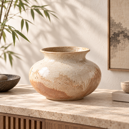 Trustyerar Warm Beige Wide-Rim Tabletop Vase – Rounded Earth-Tone Decorative Home Accent