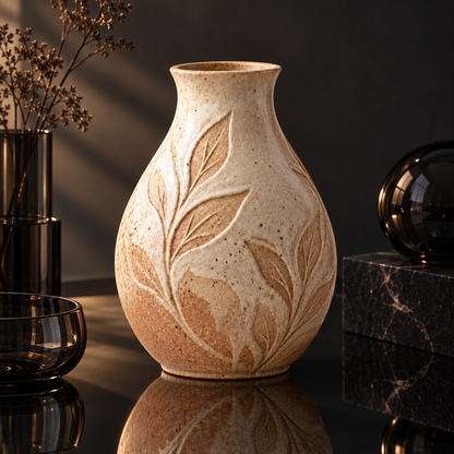 Trustyerar Warm Beige Leaf-Relief Tabletop Vase – Rounded Botanical Decorative Home Accent