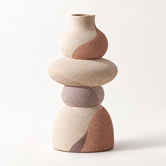 Trustyerar Warm Ivory and Terracotta Stacked Pebble Sculptural Vase – Modern Decorative Tabletop Accent