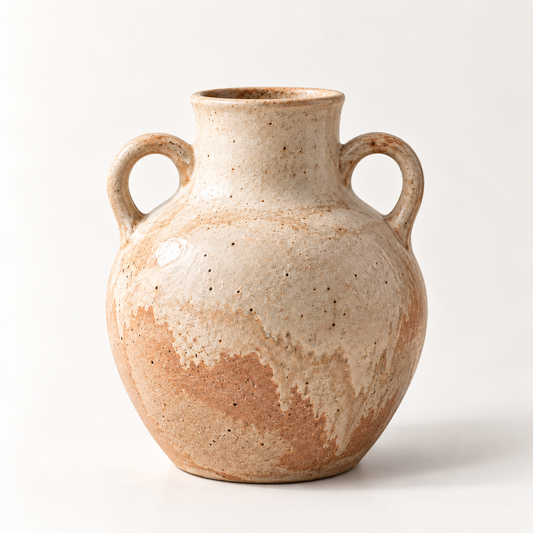 Trustyerar Warm Beige Double-Handle Tabletop Vase – Rounded Earth-Tone Decorative Home Accent