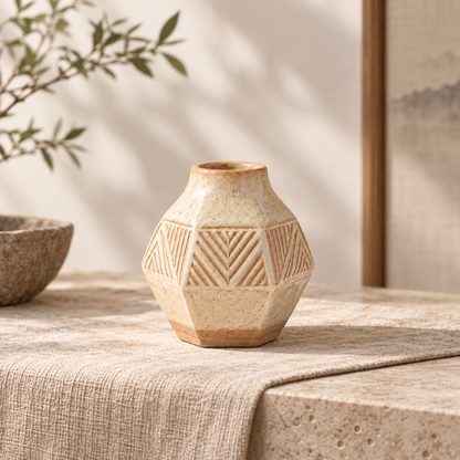 Trustyerar Warm Ivory Geometric Relief Bud Vase – Compact Faceted Decorative Vase