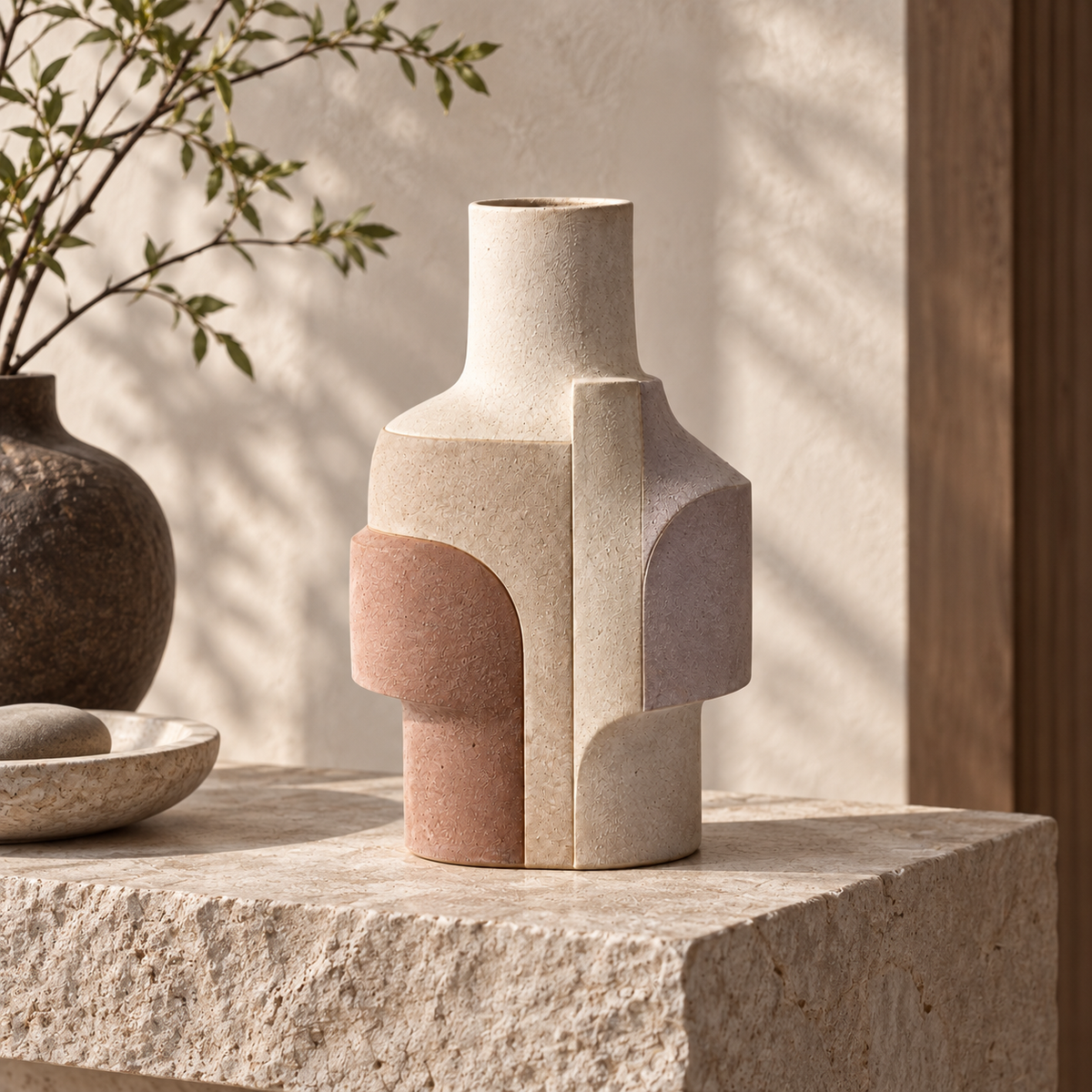 Trustyerar Warm Ivory Geometric Architectural Sculptural Vase – Modern Decorative Tabletop Accent