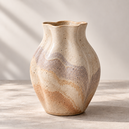 Trustyerar Warm Beige Wavy-Rim Tabletop Vase – Textured Earth-Tone Decorative Home Accent