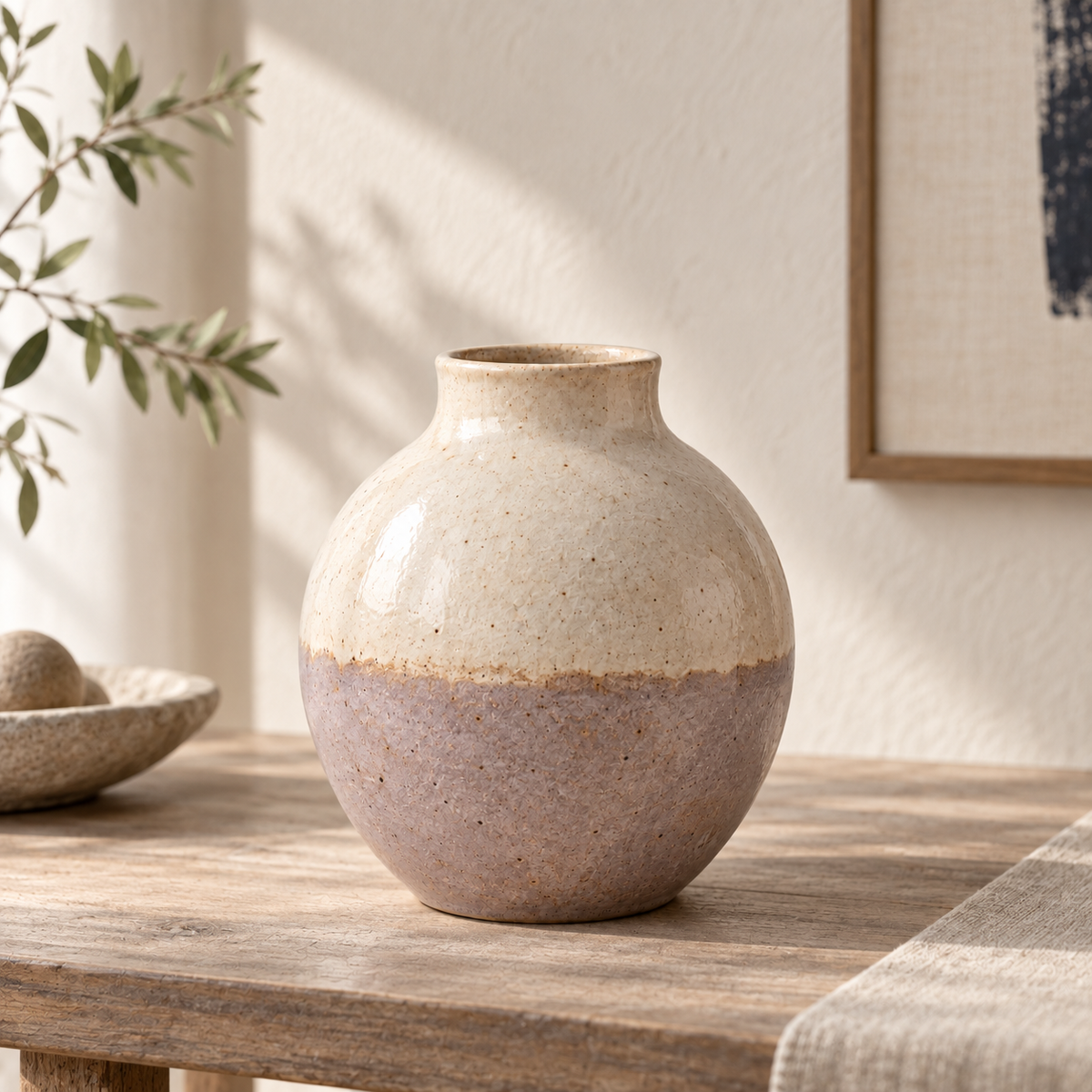 Trustyerar Warm Ivory and Soft Taupe Two-Tone Tabletop Vase – Rounded Decorative Home Accent