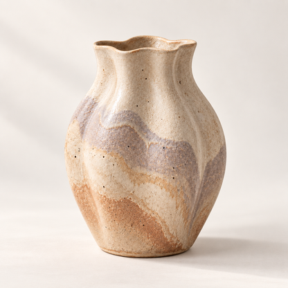 Trustyerar Warm Beige Wavy-Rim Tabletop Vase – Textured Earth-Tone Decorative Home Accent