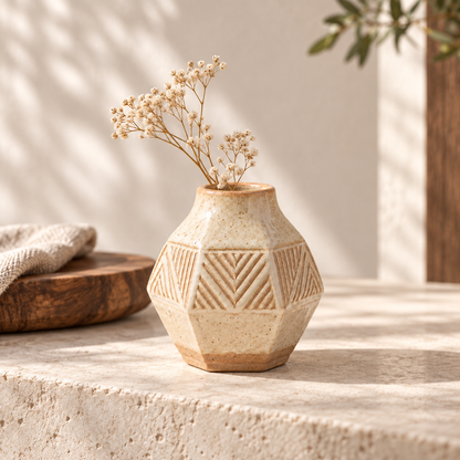 Trustyerar Warm Ivory Geometric Relief Bud Vase – Compact Faceted Decorative Vase