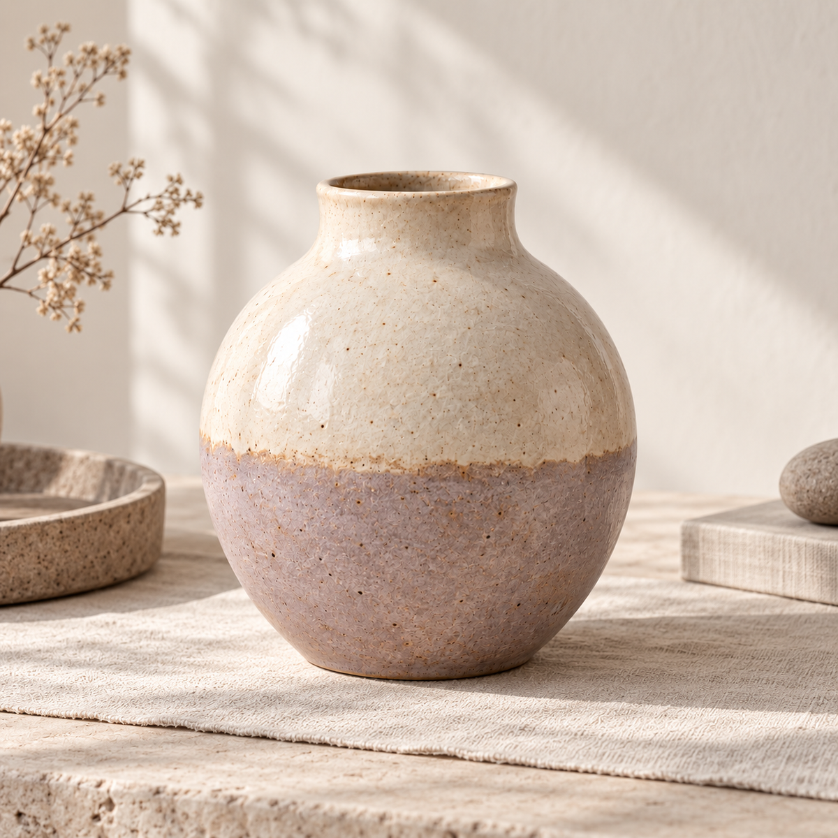 Trustyerar Warm Ivory and Soft Taupe Two-Tone Tabletop Vase – Rounded Decorative Home Accent