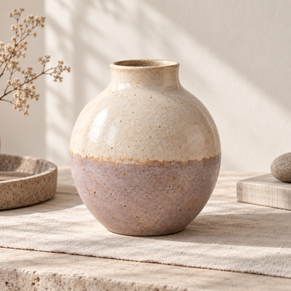 Trustyerar Warm Ivory and Soft Taupe Two-Tone Tabletop Vase – Rounded Decorative Home Accent